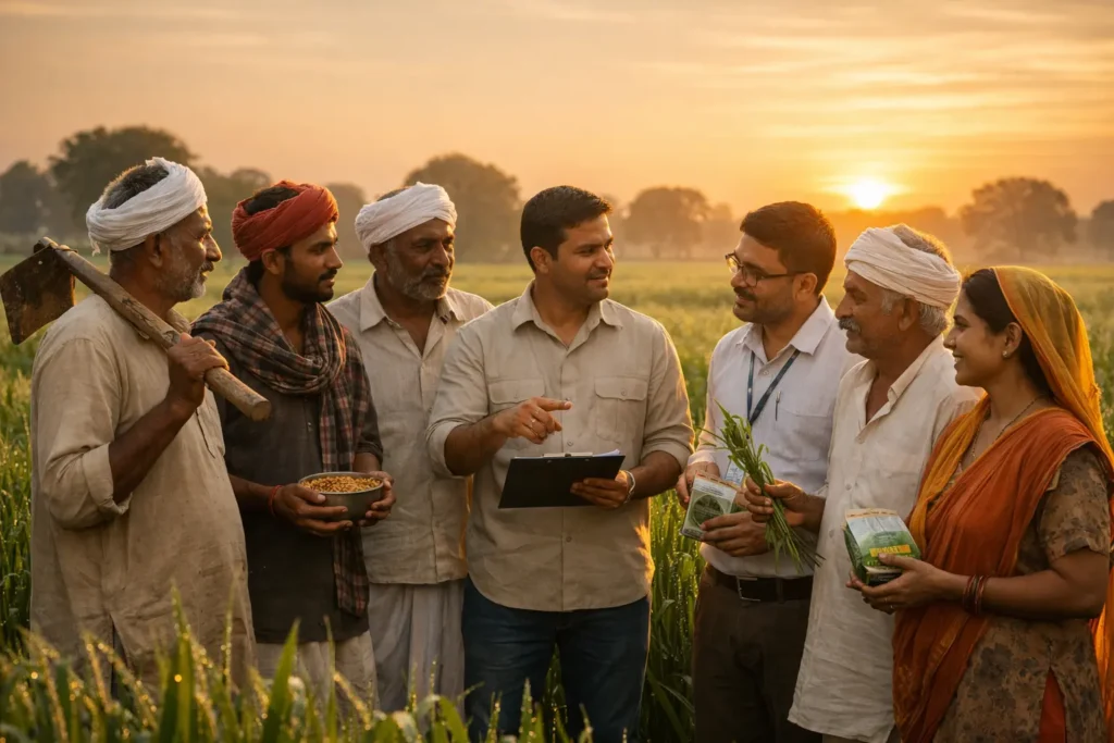 Agricultural experts interacting with Indian farmers in a green field at sunrise, discussing crops and seeds, representing farmer welfare, guidance, and sustainable rural development under Udta Bharat
