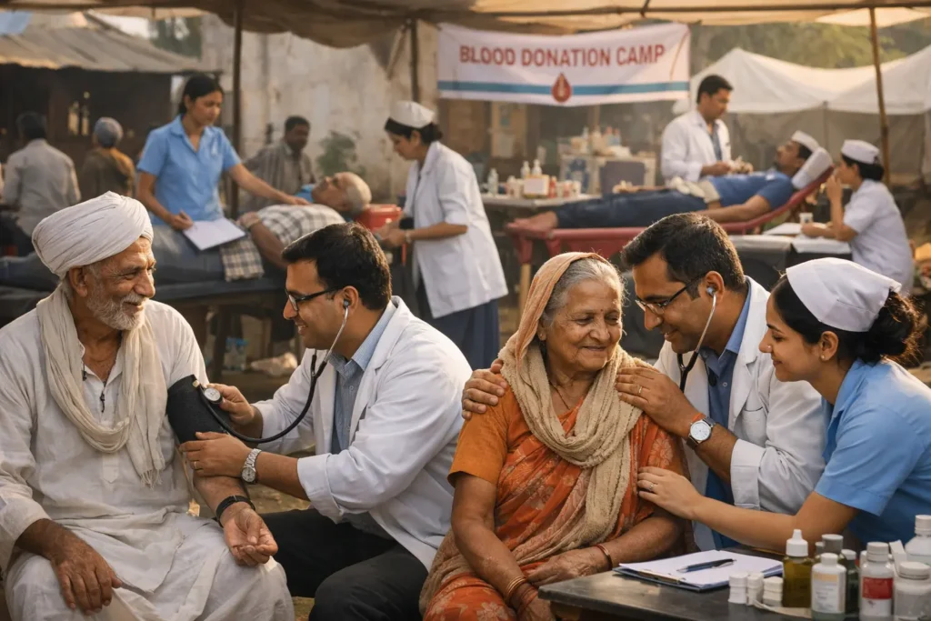 “Doctors and nurses providing free health check-ups to elderly villagers at a rural medical and blood donation camp, reflecting grassroots healthcare and compassion in Udta Bharat.