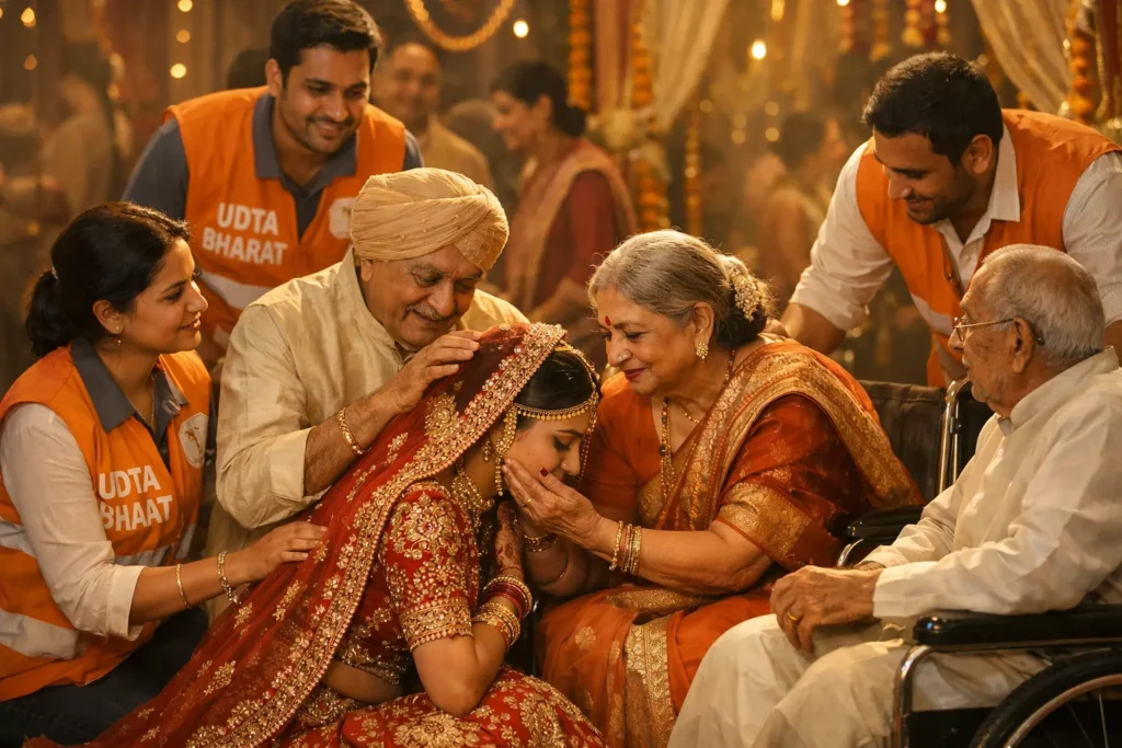 Udta Bharat volunteers supporting an elderly couple during a traditional Indian wedding, as they bless their daughter in an emotional kanyadaan moment, symbolizing dignity, care, and social support