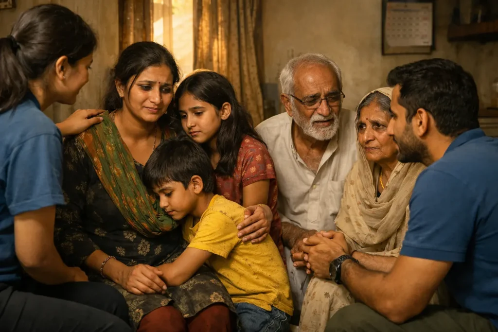 “Udta Bharat volunteers offering emotional and social support to a vulnerable Indian family at home, with parents, children, and elderly members gathered together, reflecting care, protection, and dignity in times of need.