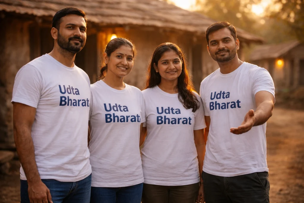 Udta Bharat volunteers standing together in a rural community, wearing Udta Bharat t-shirts and promoting social development initiatives