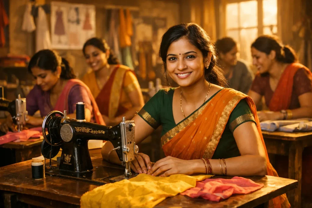 A confident Indian woman smiling while operating a sewing machine in a skill-training workshop, with other women working in the background, symbolizing women empowerment, self-reliance, and grassroots livelihood under Udta Bharat